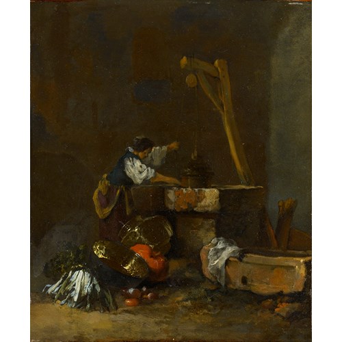 A Woman Pulling Water from a Well, a Pile of Vegetables at her Feet